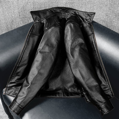 Black Short Motorcycle Genuine Leather Jacket