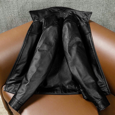 Black Short Motorcycle Genuine Leather Jacket