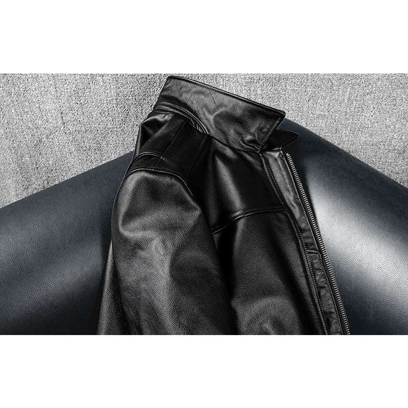 Black Short Motorcycle Genuine Leather Jacket