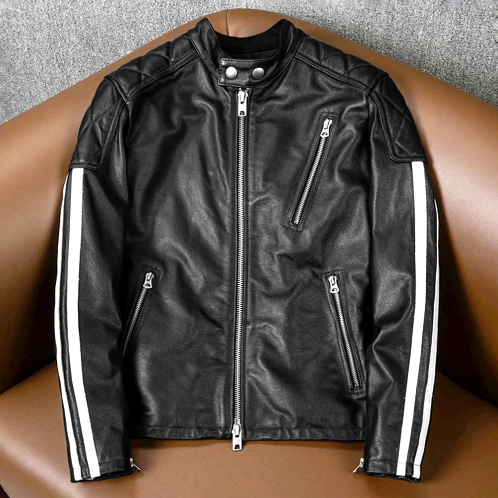 Plaid Stripes Motorcycle Genuine Leather Jacket