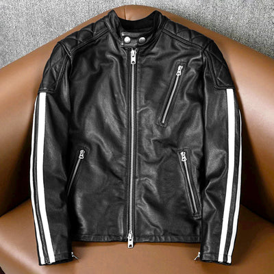 Plaid Stripes Motorcycle Genuine Leather Jacket