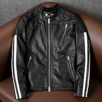 Plaid Stripes Motorcycle Genuine Leather Jacket