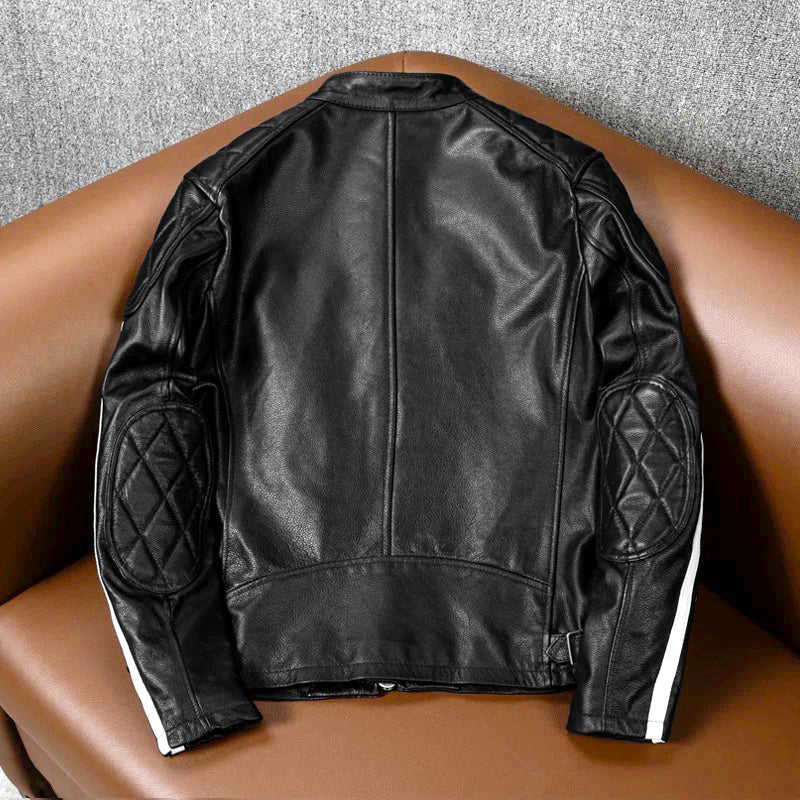 Plaid Stripes Motorcycle Genuine Leather Jacket