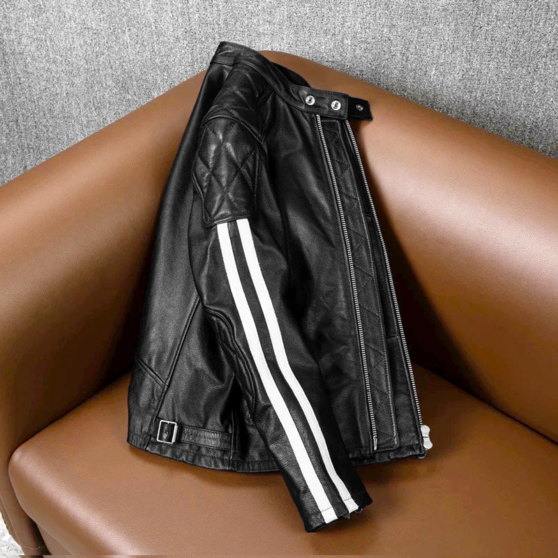 Plaid Stripes Motorcycle Genuine Leather Jacket