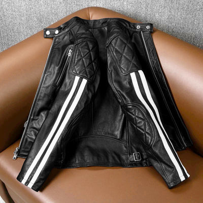 Plaid Stripes Motorcycle Genuine Leather Jacket