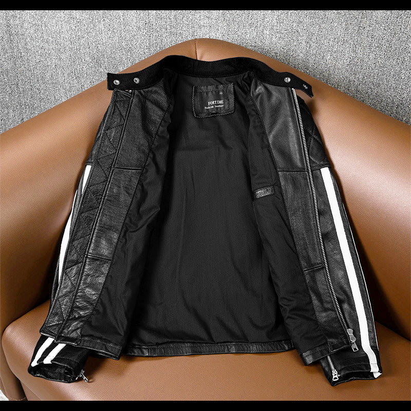 Plaid Stripes Motorcycle Genuine Leather Jacket