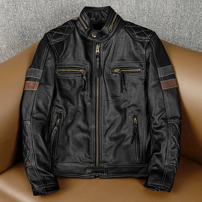 Grid Pattern Motorcycle Genuine Leather Jacket