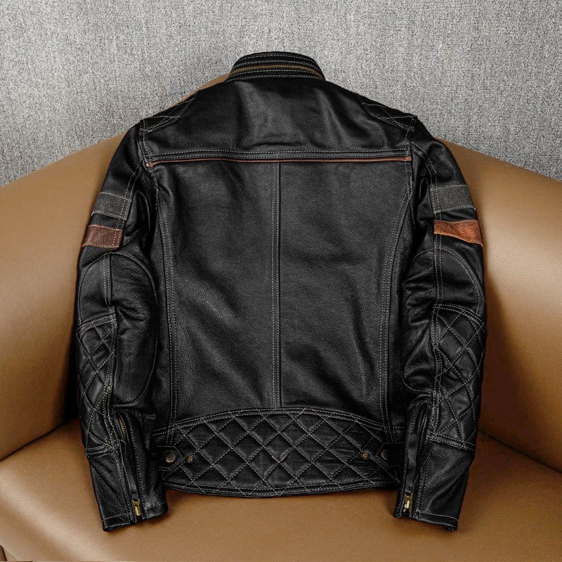 Grid Pattern Motorcycle Genuine Leather Jacket