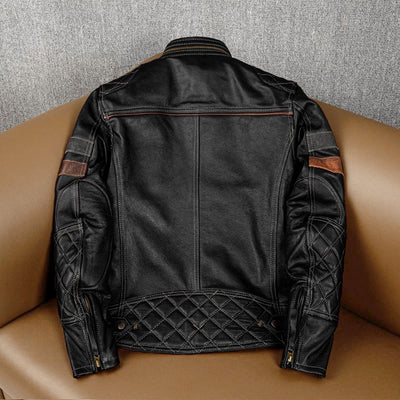 Grid Pattern Motorcycle Genuine Leather Jacket