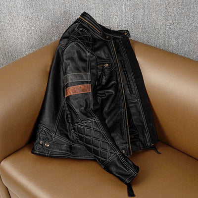 Grid Pattern Motorcycle Genuine Leather Jacket
