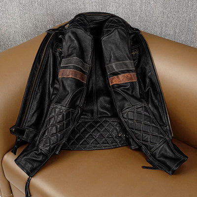 Grid Pattern Motorcycle Genuine Leather Jacket