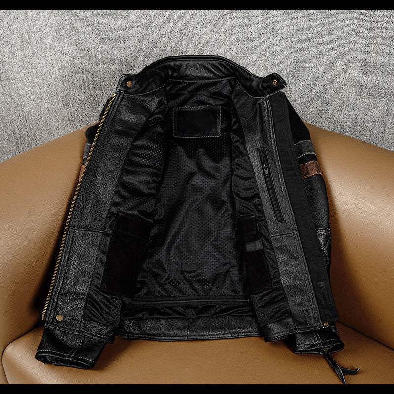 Grid Pattern Motorcycle Genuine Leather Jacket