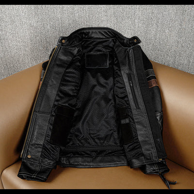 Grid Pattern Motorcycle Genuine Leather Jacket