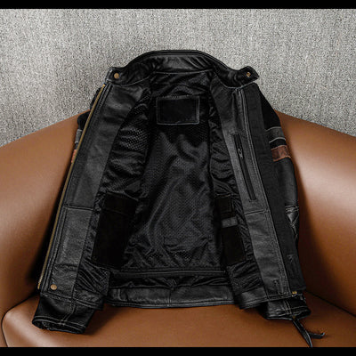 Grid Pattern Motorcycle Genuine Leather Jacket