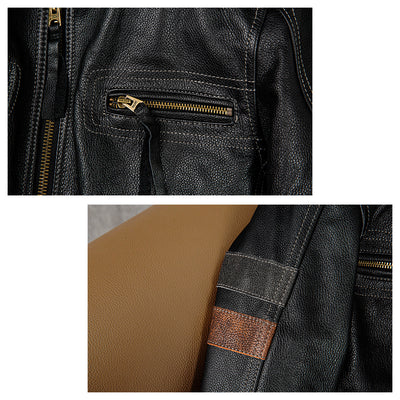 Grid Pattern Motorcycle Genuine Leather Jacket