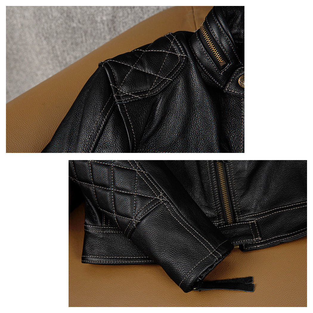 Grid Pattern Motorcycle Genuine Leather Jacket