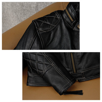 Grid Pattern Motorcycle Genuine Leather Jacket
