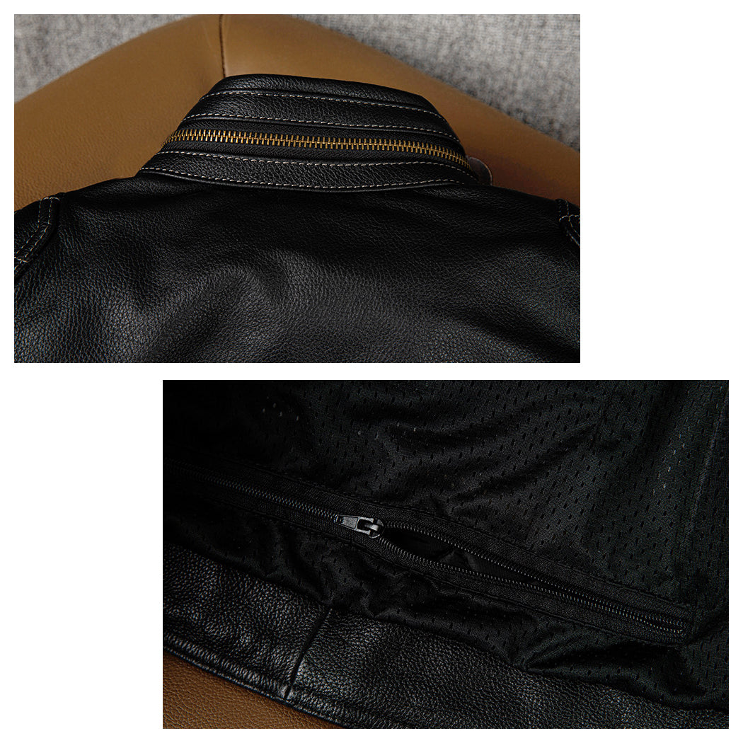 Grid Pattern Motorcycle Genuine Leather Jacket