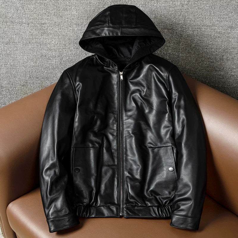 Hooded Black Motorcycle Genuine Leather Jacket