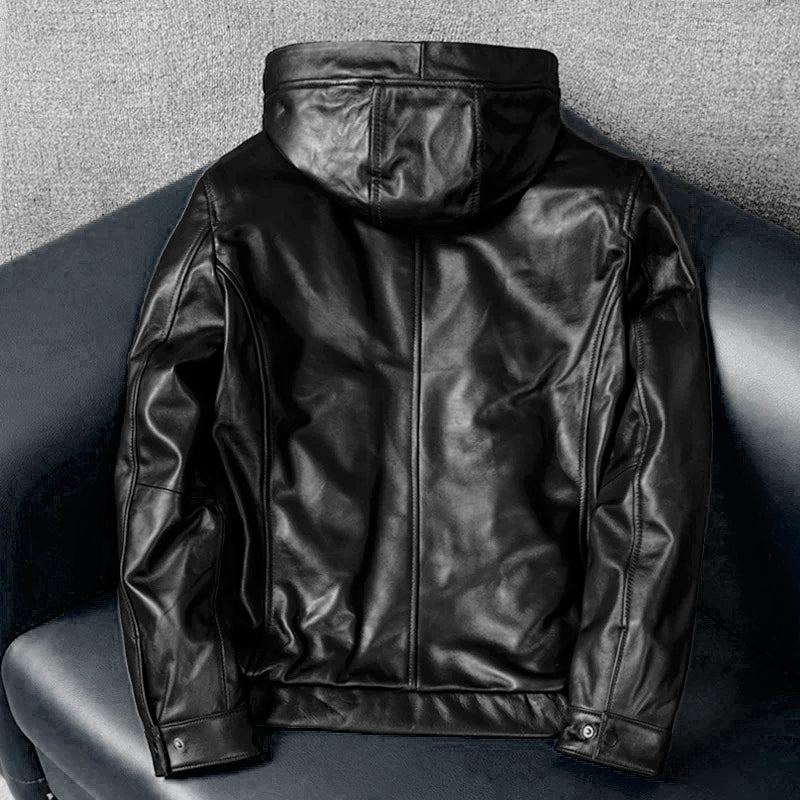 Hooded Black Motorcycle Genuine Leather Jacket