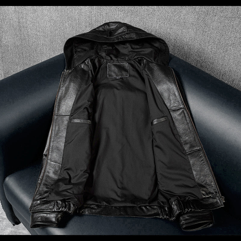 Hooded Black Motorcycle Genuine Leather Jacket