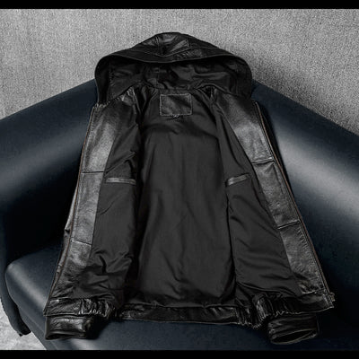 Hooded Black Motorcycle Genuine Leather Jacket