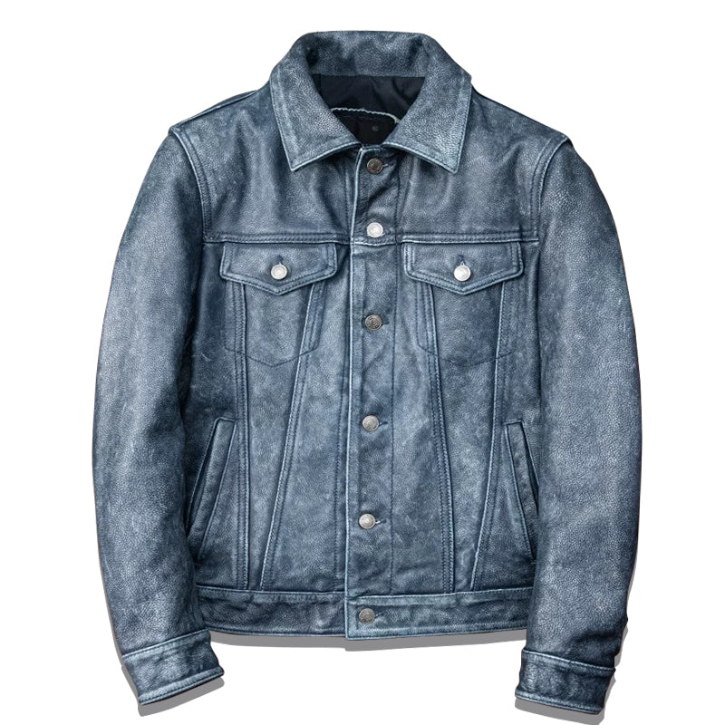 Amekaji Distressed Blue Denim Genuine Leather Jacket