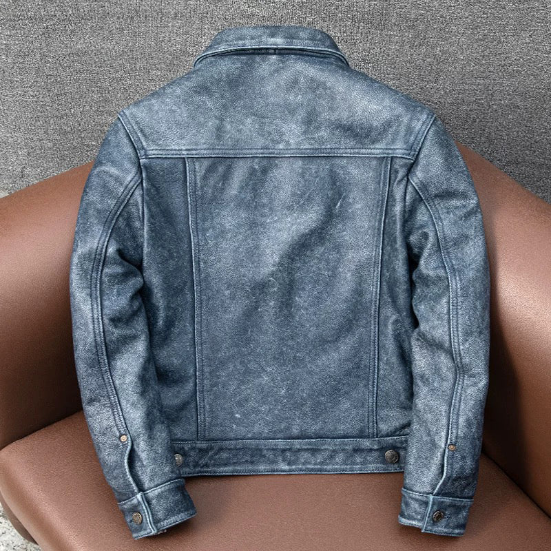 Amekaji Distressed Blue Denim Genuine Leather Jacket