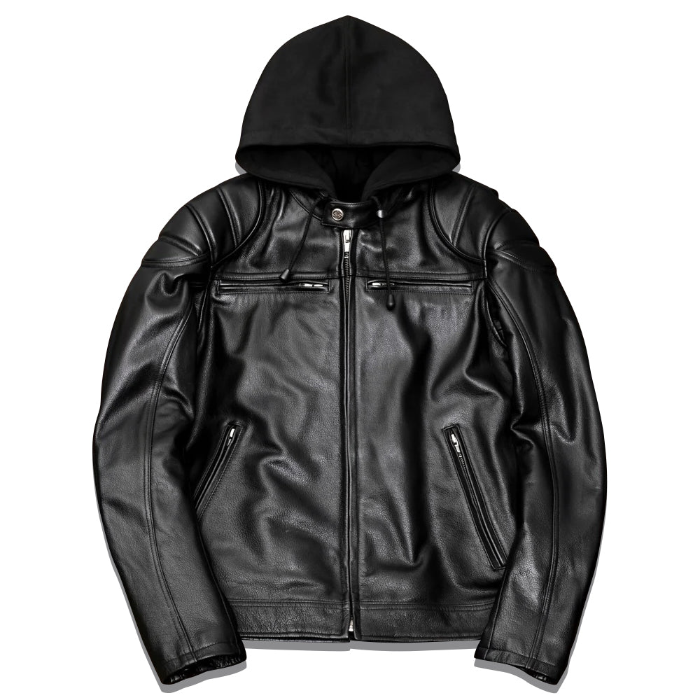 Detachable Hooded Slim Fit Motorcycle Leather Jacket