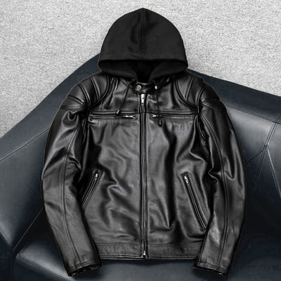Detachable Hooded Slim Fit Motorcycle Leather Jacket