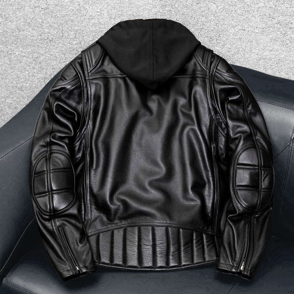 Detachable Hooded Slim Fit Motorcycle Leather Jacket