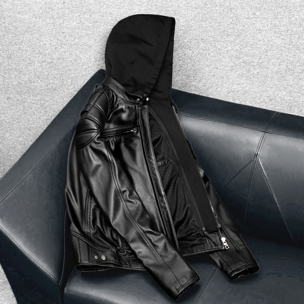 Detachable Hooded Slim Fit Motorcycle Leather Jacket