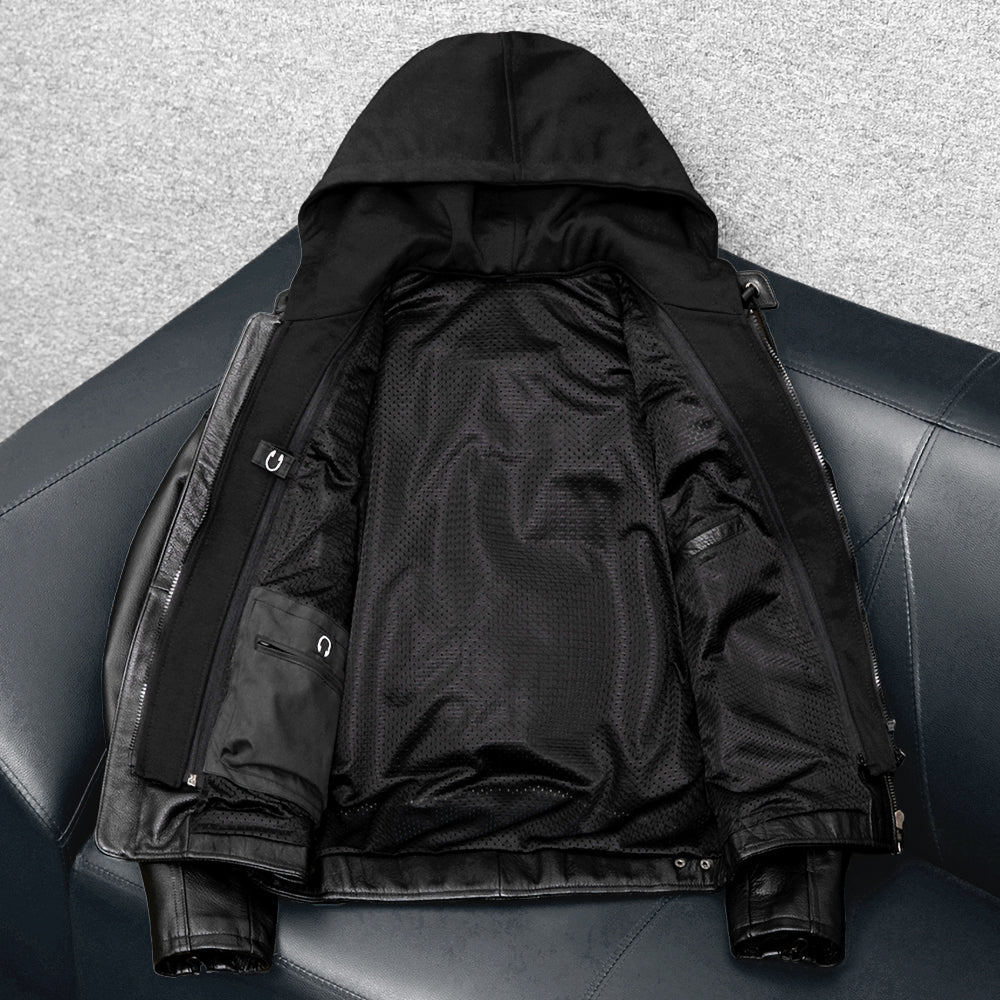 Detachable Hooded Slim Fit Motorcycle Leather Jacket