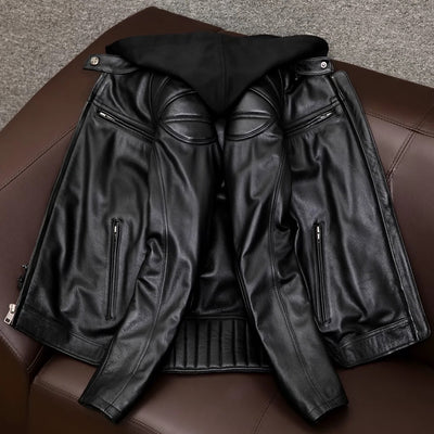 Detachable Hooded Slim Fit Motorcycle Leather Jacket