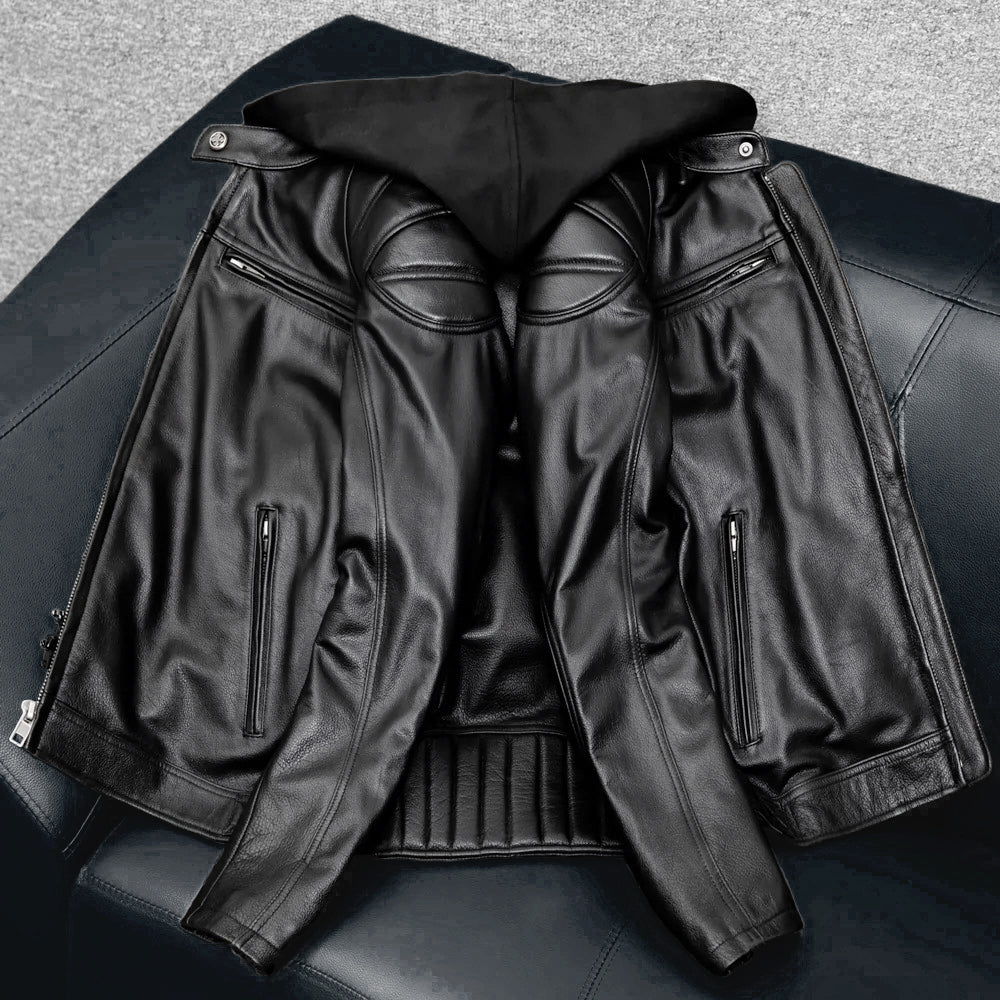 Detachable Hooded Slim Fit Motorcycle Leather Jacket