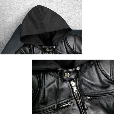 Detachable Hooded Slim Fit Motorcycle Leather Jacket