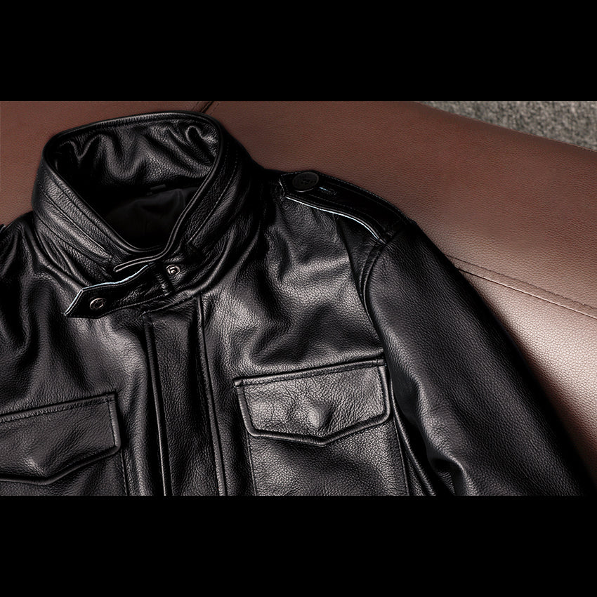 Motorcycle Mid-Length Windbreaker Genuine Leather Jacket