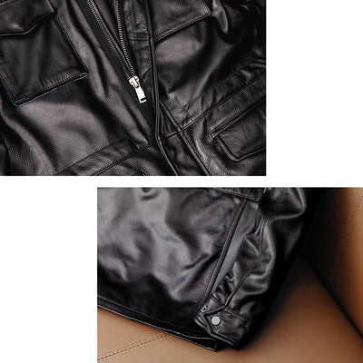 Motorcycle Mid-Length Windbreaker Genuine Leather Jacket