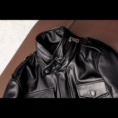 Motorcycle Mid-Length Windbreaker Genuine Leather Jacket