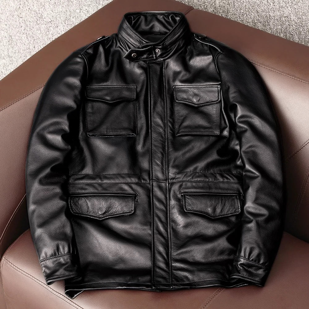 Motorcycle Mid-Length Windbreaker Genuine Leather Jacket