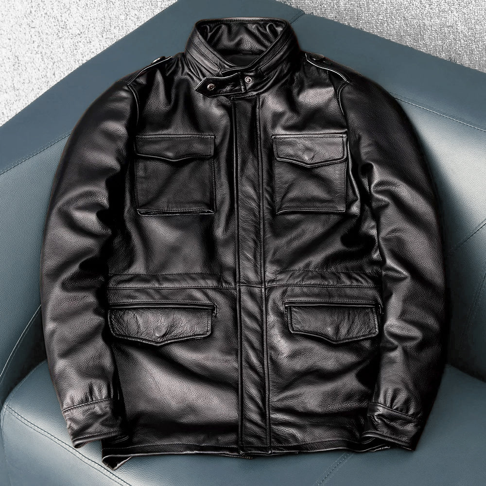 Motorcycle Mid-Length Windbreaker Genuine Leather Jacket