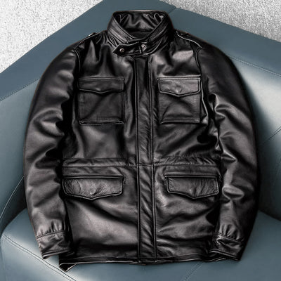 Motorcycle Mid-Length Windbreaker Genuine Leather Jacket