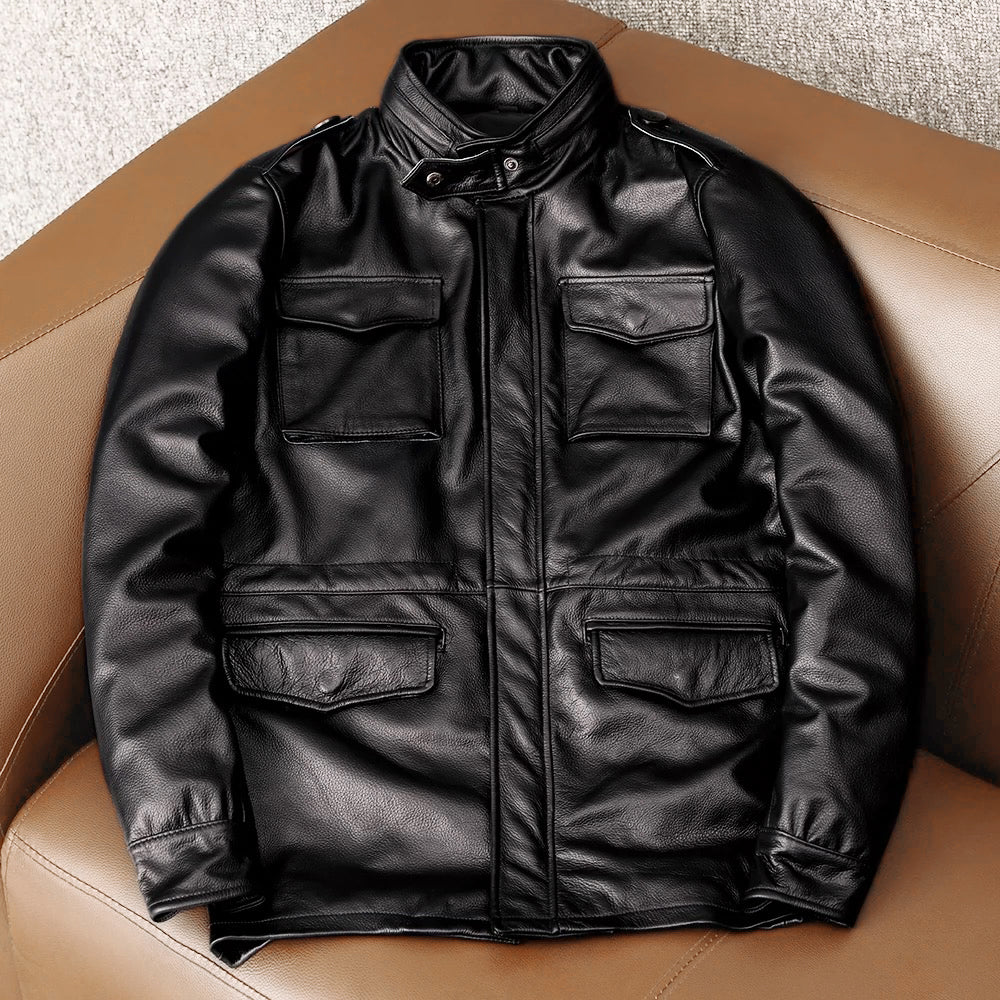 Motorcycle Mid-Length Windbreaker Genuine Leather Jacket