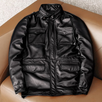 Motorcycle Mid-Length Windbreaker Genuine Leather Jacket
