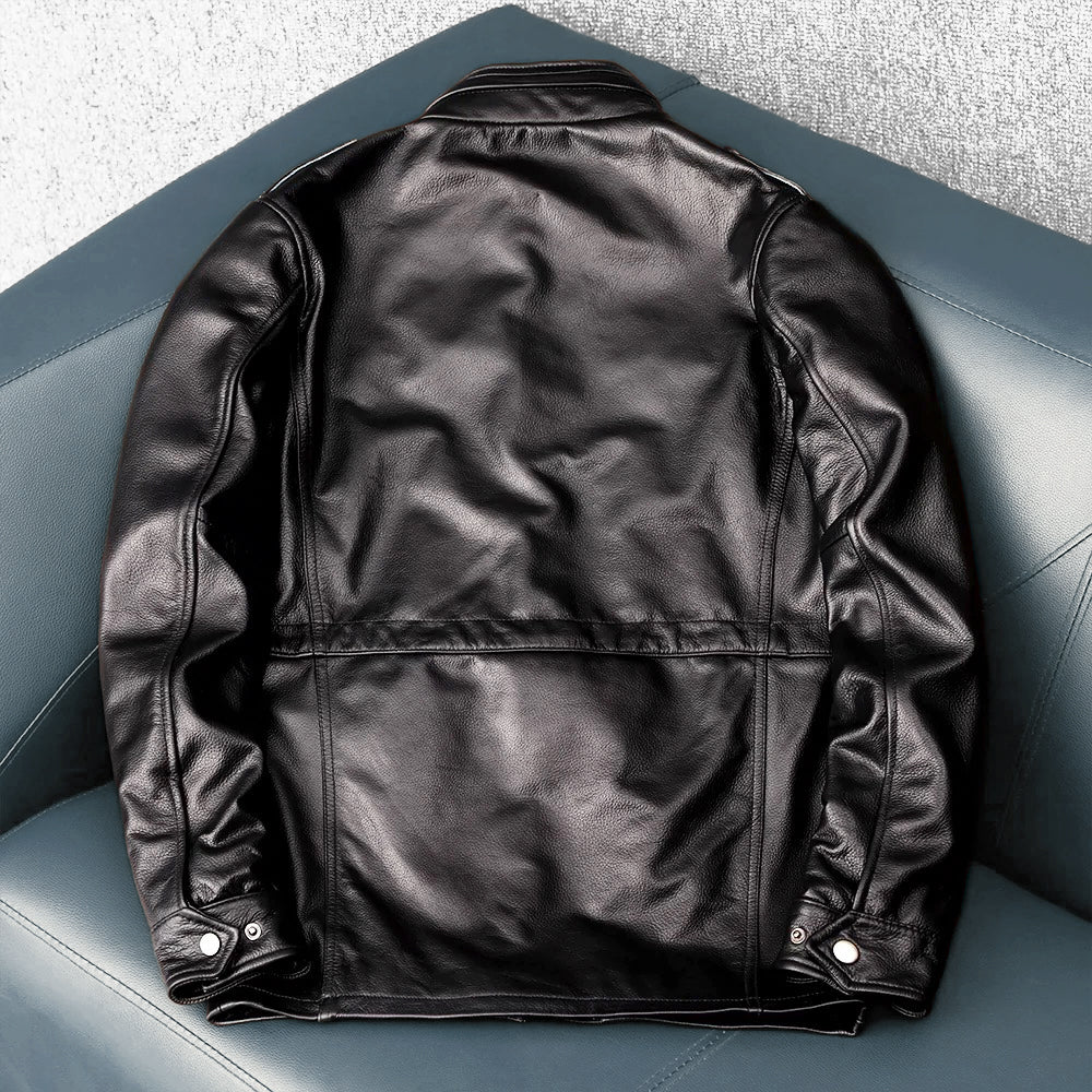 Motorcycle Mid-Length Windbreaker Genuine Leather Jacket