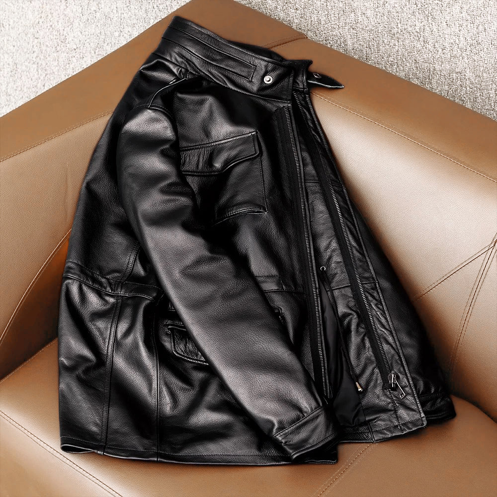Motorcycle Mid-Length Windbreaker Genuine Leather Jacket