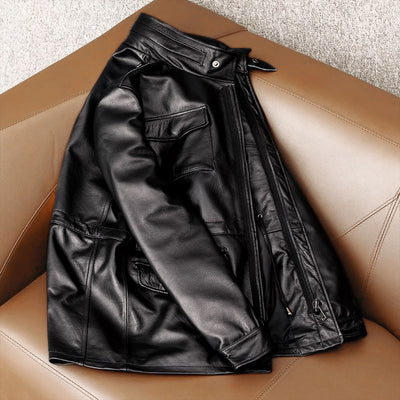 Motorcycle Mid-Length Windbreaker Genuine Leather Jacket