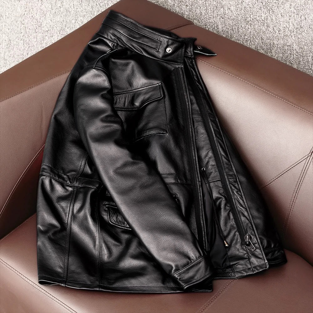 Motorcycle Mid-Length Windbreaker Leather Jacket