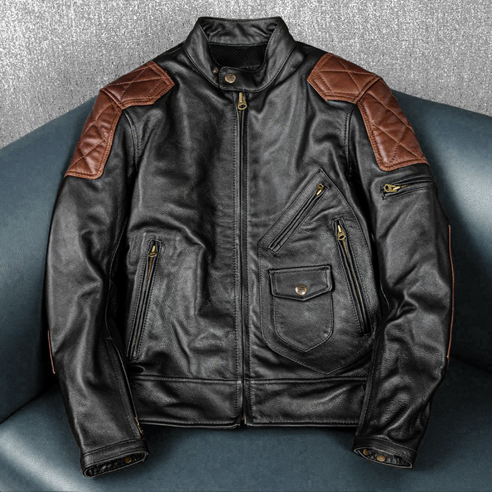Plaid Stitching Motorcycle Genuine Leather Jacket