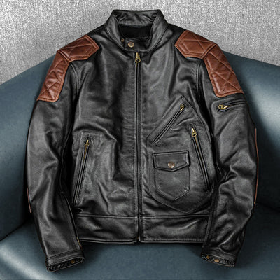 Plaid Stitching Motorcycle Genuine Leather Jacket